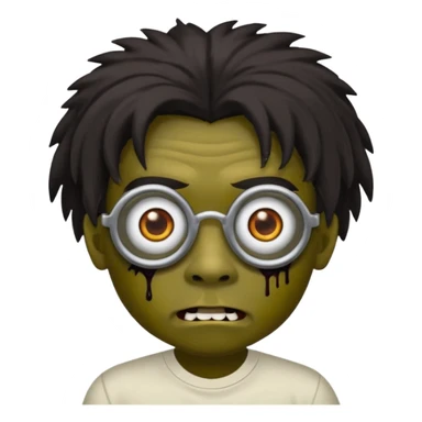 Um garoto zombie de cabelo castanho escuro, quase preto, com um cabelo médio, com olhos castanhos esverdeados, de camisa branca, com óculos redondo sticker