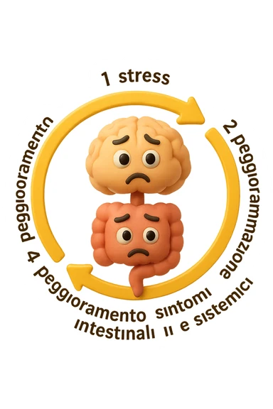 EMOJI STILE IPHONE 3D DI un cerchio con queste scritte che girano intorno in ordine per come li ho scritti "1. stress → 2. peggioramento intestinale → 3. aumento infiammazione → 4. peggioramento sintomi intestinali e sistemici." al centro del cerchio metti un cervello e intestino umani collegati verticalmente con espressione dubbiosa in volto, FALLO MOLTO REALISTICO IN 3D sticker