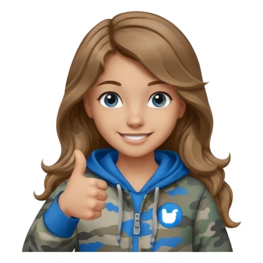 Girl with long wavy light brown hair, blue eyes , medium skin tone, wearing a gray camo hoodie  giving a thumbs up sticker