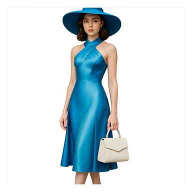 Create a photorealistic full-length portrait of a girl inspired in colors and shapes by the referenced perfume bottle. She wears a wide-brimmed blue hat and holds a white handbag in an elegant pose. The background should be removed, leaving only the subject isolated. sticker