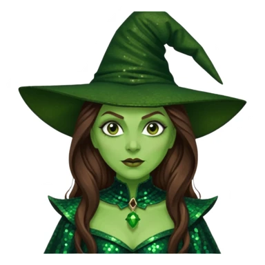 Wicked Witch of the West from the Wizard of Oz with long brown hair, dark green sequin outfit, green skin sticker