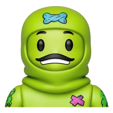 bearbrick toy wearing a lime green balaclava with graffiti design and chill relaxed thick eyebrows showing above sticker