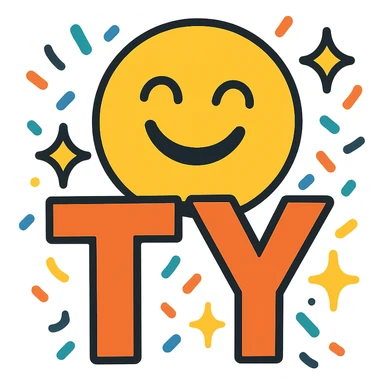 cheerful TY emoji with confetti and sparkles around the letters, designed for Slack reaction sticker