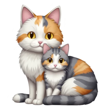 full body colourful light patched calico + white tabby cat cuddling a large grey and white cat  sticker