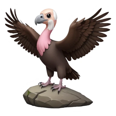 a vulture — large bird with dark brown feathers, bald pinkish head, curved beak and sharp eyes — standing proudly on a rock — wings slightly open — realistic yet cute cartoon emoji look, clean lighting, soft shadows. sticker