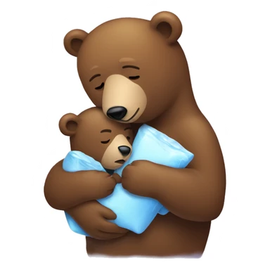 mama bear cradles her sick bear cub. she is holding her cub in her arms as he winces with an ice pack on his head sticker