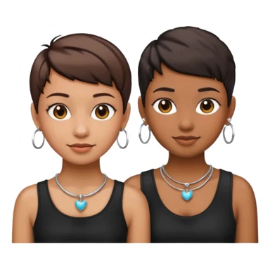 Do two best friend emojis one brown skin one fair skin with pixie cuts with hoop earrings and necklace wearing black sticker