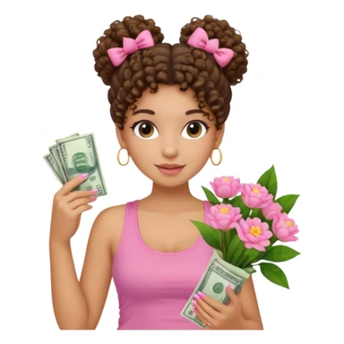 Uma menina com o cabelo cacheado com um Coque com baby hair, morena, e com uma regata rosa com unha em gel,e com dinheiro na mão ,e com flores na outra mão  sticker