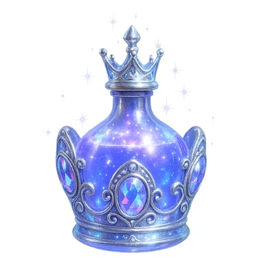 modernus mažas prabangus eliksyro buteliukas, karūnėlės forma, spalva #7986cb, holografiniai ir sidabriniai ornamentai, itin ryškūs magiški švytėjimai ir efektai, labai mažas kaklelis, skaidrus fonas, vientisas dugnas, be šešėlio, plūduriuoja ore, kolekcijos stilius sticker