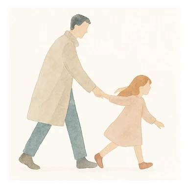 a man in a trench coat dragging a girl, rendered in watercolor art style sticker