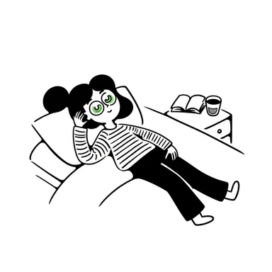 Hand drawn girl sleeping with cucumber slices on eyes and face mask, self care night sticker