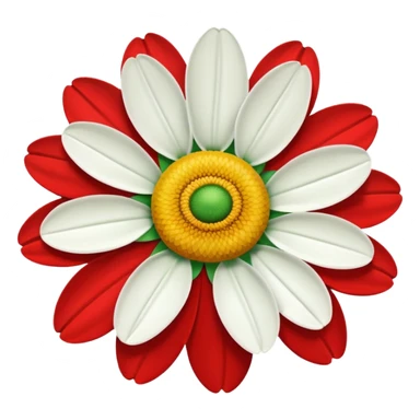 A daisy with ten petals, with green, red and white petals and a yellow centre. sticker