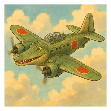 ghibli style crocodile as a bomber plane, whimsical and detailed sticker