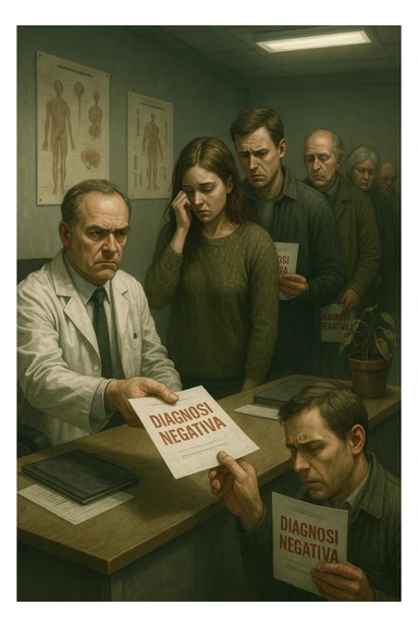 A realistic, cinematic illustration set in a dull, grey-toned medical office. A middle-aged male doctor in a white coat with a stern, cold expression is seated at his desk, handing out medical reports with large red ‘Negative Diagnosis’ stamps to each patient in line. The patients, of various ages and appearances, stand in a line, each looking increasingly sad, defeated, and demoralized as they receive their papers, with slumped shoulders and empty gazes. One young woman wipes away a tear, while a man stares at the paper in shock. The background shows medical posters, a faded plant, and harsh fluorescent lighting, emphasizing the cold, mechanical environment. The mood is heavy, illustrating how negative diagnoses delivered without empatia can deeply affect the mental health and morale of patients. The style is realistic, with subtle filmic grain, emphasizing emotional impact and the weight of medical words on people’s lives. in italiano sticker