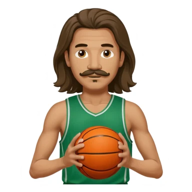 long haired man basketball player green jersey with mustache holding basket ball sticker