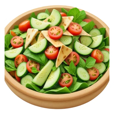 Cinematic Realistic Fattoush Salad Dish Emoji, depicted as a colorful medley of greens, tomatoes, cucumbers, and crispy pita rendered with vibrant textures and refreshing lighting. sticker