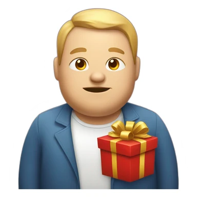 Fat man holding a gift sticker