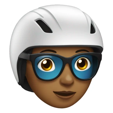 A woman wearing a race bike helmet and race glasses. sticker