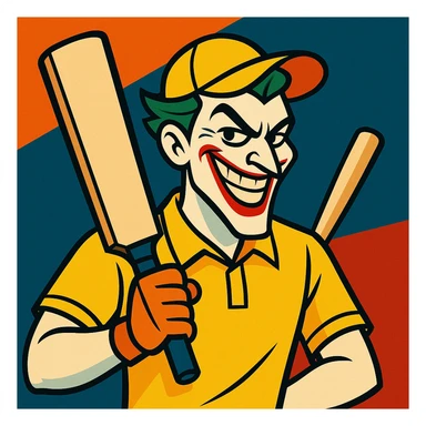 joker, smiling mischievously, wearing a yellow cricket jersey and cap, holding a cricket bat sticker