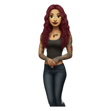 Beautiful tattooed burgundy long haired woman standing next to a car sticker