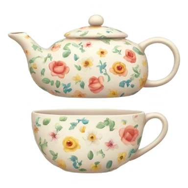 Little teapot and teacup set with flower pattern sticker
