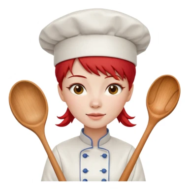 A woman with red Chinese hair and a chef's outfit, chef's hat and a wooden spoon sticker