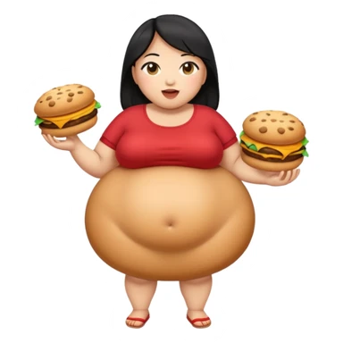 create a humongous asian girl with black hair, with 2 burgers and a cookie in her mouth, she is super obese, please make her a full body emoji, mega huge tummy   sticker