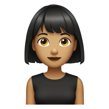 Girl with short hair with bangs, brown eyes, black T-shirt sticker