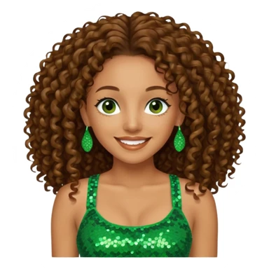 Melanie Brown with long brown curly hair, green sequin crop top, dark brown eye sticker