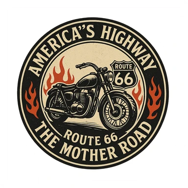 circular design for motorcycle cap, transparent background, text 'AMERICA'S HIGHWAY - ROUTE 66 - THE MOTHER ROAD', motif: motorcycle, flame, Route 66 sign, classic style sticker
