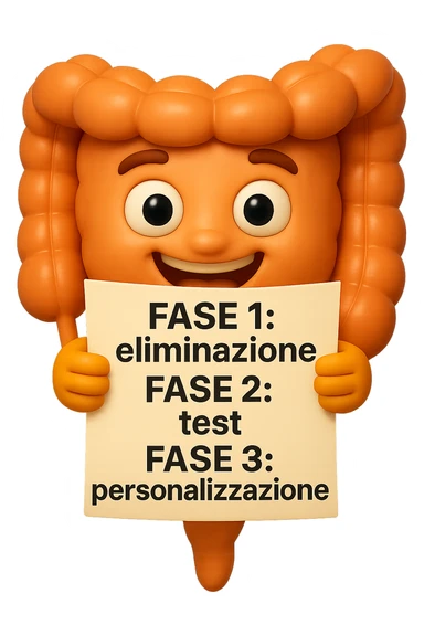 emoji stile iphone 3d di un intestino che tiene in mano un foglio con la scritta "FASE 1: eliminazione, FASE 2: test, FASE 3: personalizzazione, IPERREALISTICO 4K sticker
