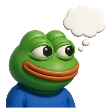 make a pepe in bright green smiling with thought bubble looking at right side in 3d style, good highlights and shadows, drop shadows sticker