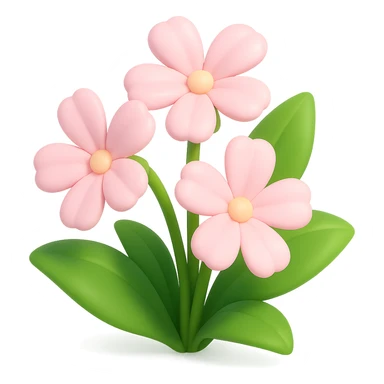3D iOS-style cartoon soapwort (Saponaria) flowers with exaggerated cute pale pink petals and big green leaves, playful proportions, soft lighting, glossy effect, no background, without a face or smile, in GPT Image style sticker