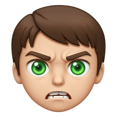 Boy 10 years old, with overgrown brown hair with green eyes, angry, shows fuck sticker