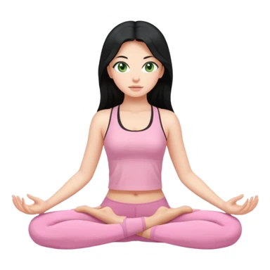 Girl with super long black hair with green eyes doing yoga with light pink clothes sticker