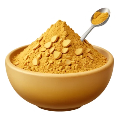realistic ground ginger, mound or scatter, fine pale golden-beige powder, smooth dry texture, irregular shape with soft ridges or peak, warm vibrant color, no spoon, bowl, container, or faces, clean 3D rendering, soft lighting, transparent background, emoji scale sticker