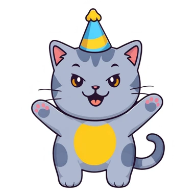 Joyful British shorthair blue cat with excited expression wearing a party birthday hat sticker