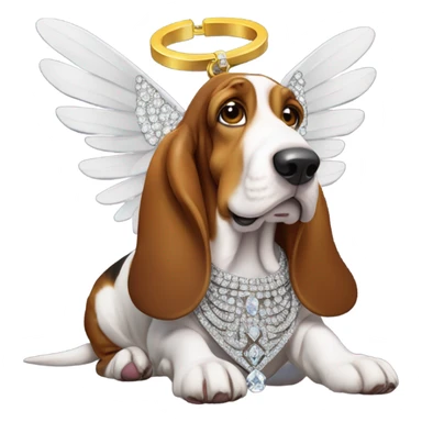 Elderly Basset hound with angel wings, wearing a large letter D bling necklace sat in a meadow  sticker