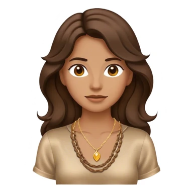 "Emoji femenino con cabello castaño oscuro, largo y ondulado. Tono de piel bronceado. Viste camisa satinada marrón clara y lleva collares delicados. Diseño minimalista pero elegante. sticker