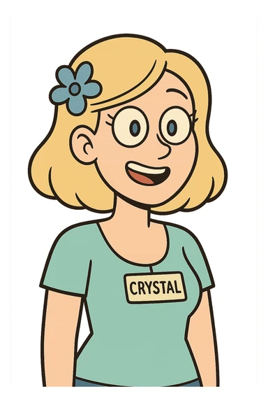 cartoon face of Crystal, blonde hair, blue flower accessory, big blue eyes, same expression, same line style sticker