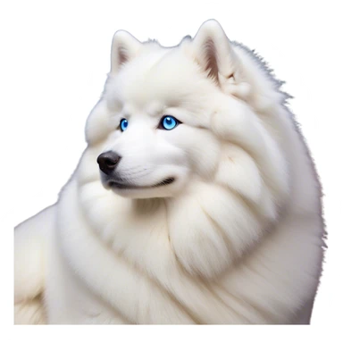 Cinematic Noble Samoyed Portrait Emoji, Poised and regal, with a majestic, sturdy build and a luxuriously fluffy pure white Fur, deep-set soulful blue eyes, Simplified yet sharp and sophisticated features, highly detailed, glowing with a soft, dignified glow, high shine, intelligent and gentle, stylized with an air of elegance, focused and attentive, soft glowing outline, capturing the essence of a watchful and confident companion, so majestic it feels as though it could bound out of the screen with effortless authority! sticker