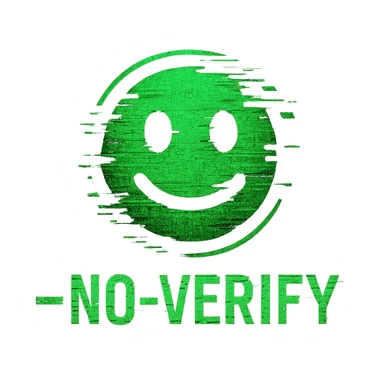 emoji style icon, '--no-verify' text, glitch effect, green and black color scheme, Matrix vibes sticker