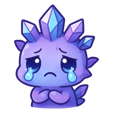 chibi kawaii style emote of a crystal sprite creature, colors purple blue and pink, sad expression sticker
