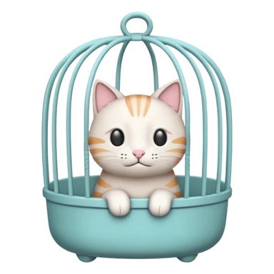 A cute emoji-style cat cage — rounded, cartoon look, clean outline, pastel colors. Vertical metal bars in front, small handle on top, and soft edges. Simple, minimal details, high contrast, with no cat inside sticker