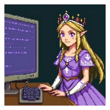 Princess Zelda wearing her crown and purple dress programming with code visible on computer screen sticker