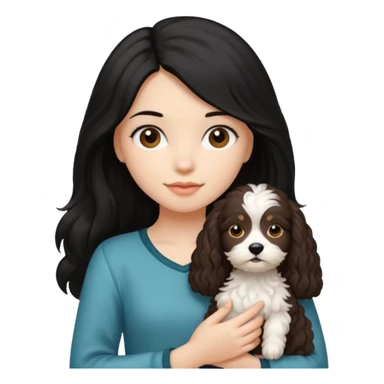 Make a girl with long black silky  hair holding a cockapoo sticker