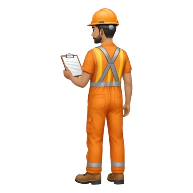 Indian male railway engineer orange overalls, boots holding a clipboard back view sticker