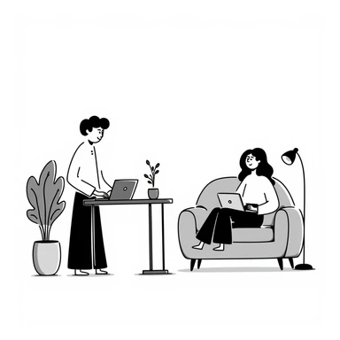escenary 3d of a cozy mid-century living room with two people working on laptops, one man standing at a desk and one woman sitting on a couch, two walls and floor visible sticker