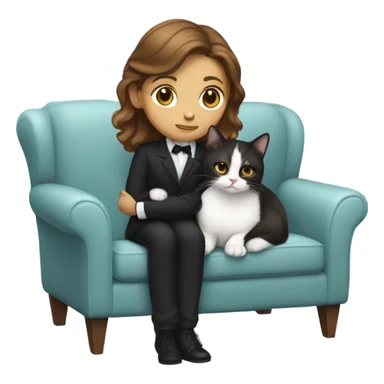 Light skinned woman with brown hair sitting on the couch laptop on her lap next to small black and white tuxedo cat sticker