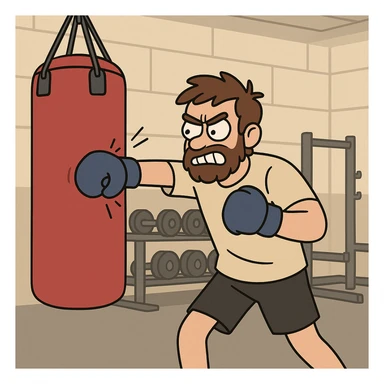 Hit a punching bag – to punch a padded bag for exercise or stress relief.
He went to the gym to hit a punching bag and blow off steam. Background Gym
 sticker